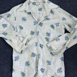 Vintage Viking Mens Medium White Blue Floral Button Front Long Sleeve Shirt